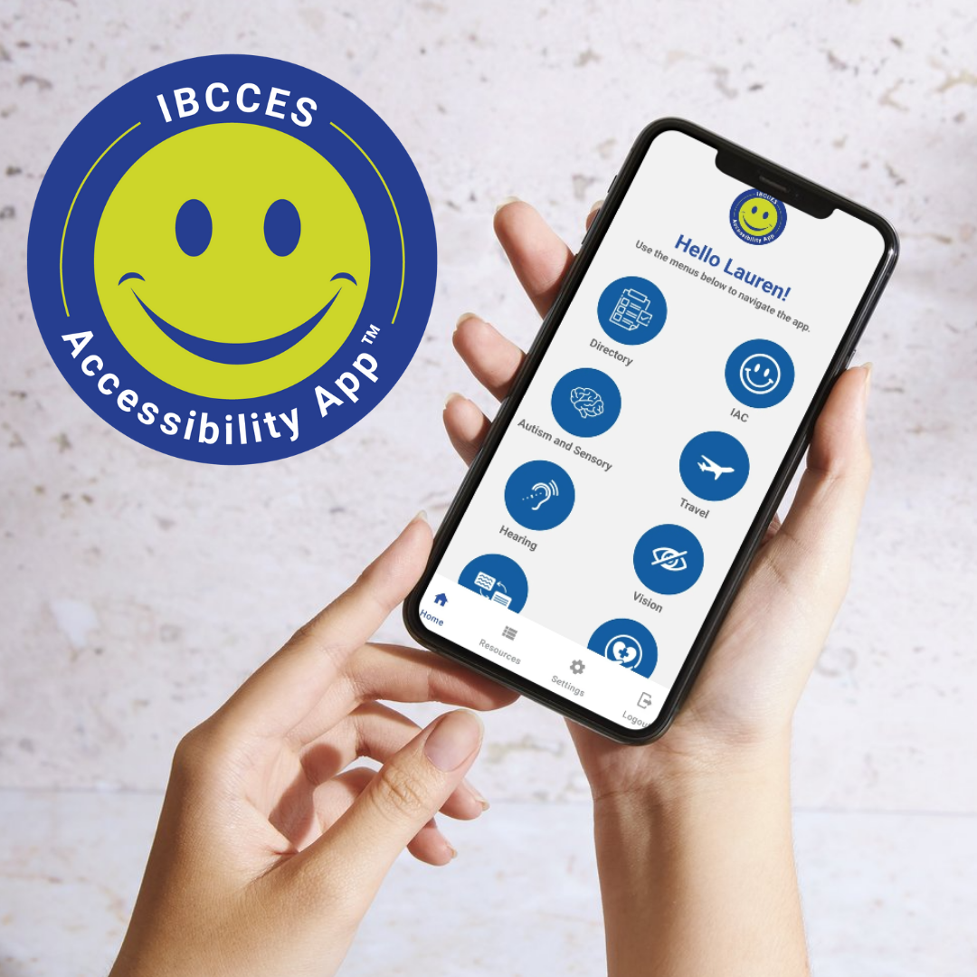Image of the IBCCES Accessibility App Home Screen with the logo displayed beside the phone